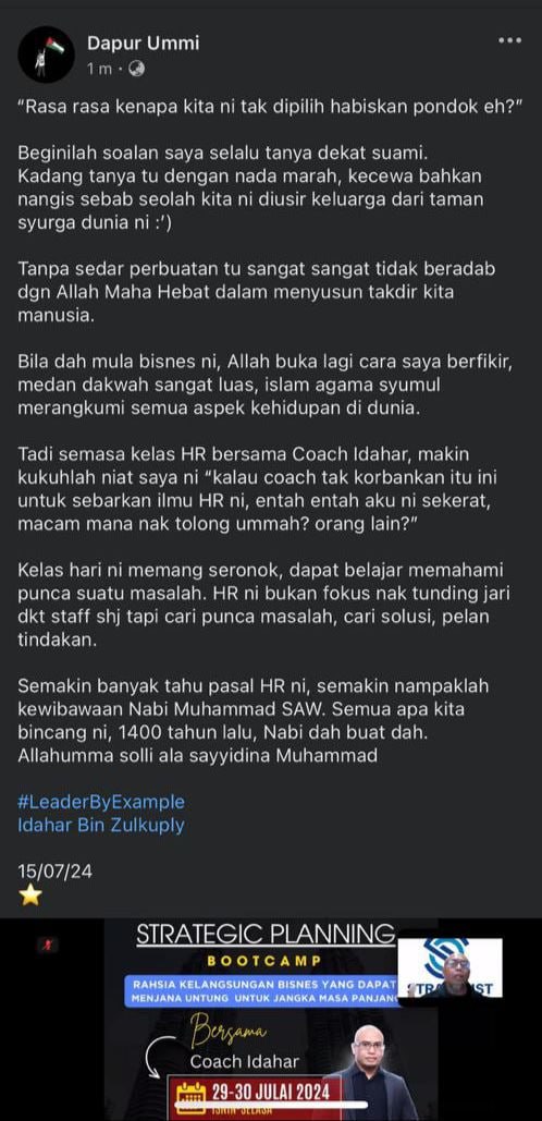 testimoni selepas kelas coaching kpi dan penilaian prestasi