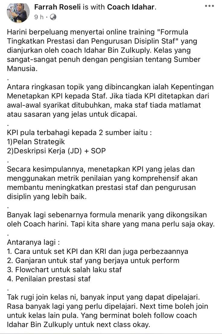 testimoni selepas kelas coaching kpi dan penilaian prestasi